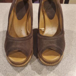 Brown suede leather uppers with stacked 4 inch platforms